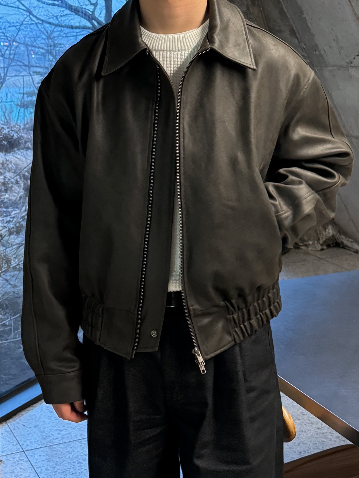 washy bomber leather jacket (2color)